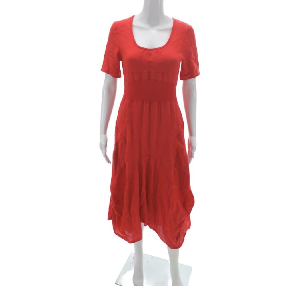Inizio Women Fit & Flare Red Linen Maxi Dress Short Sleeve Size M